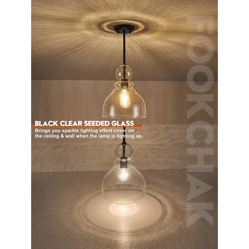 FookChak 10" Seeded Glass Pendant Lights Kitchen Island Black Pendant