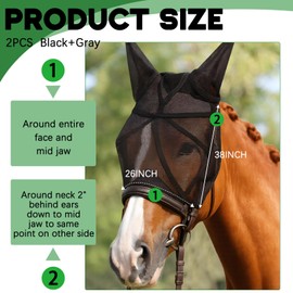 Sunnymove 2 Pcs Horse Fly Mask with Ears Adjustable UV Protection Horse Fly Mask Accessories Large Eye Space with Ears for Horses Summer, Black and Gray