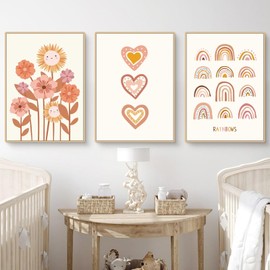 Herfair Set of 3 Posters for Children's Room, Boho Decorative Pictures, Baby Room, Wall Pictures, Bedroom, Sun, Rainbow, Baby Room, Wall Decoration, Girls, Boys, without Frame (A, 30 x 40 cm)