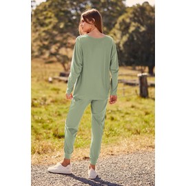 PRETTYGARDEN Women's Fall 2 Piece Lounge Set Long Sleeve Tops Ribbed Pants Spring Matching Sweatsuit Travel Outfits Clothes (Bean Green,XX-Large)