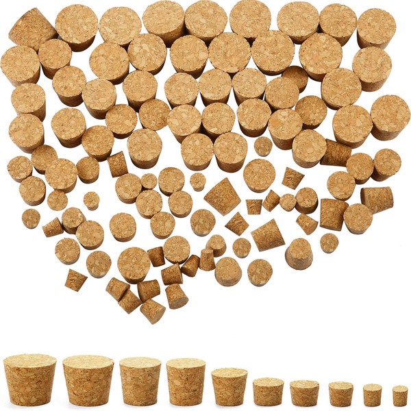 100 Pack Cork Stoppers Wooden Tapered Wine Bottle Cork Plugs Replacement Assorted Corks for Wine Beer Bottle Crafts, 10 Sizes