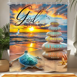 Newsely Beach Sea Turtle Shower Curtain 60Wx72H Inch Bible Verse Hawaii Ocean Sunset Scenery Coastal Stone Shower Curtain Bathroom Set Christian Quote Waterproof Bath Decoration Accessories Home Decor