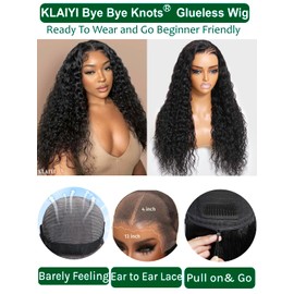 KLAIYI Water Wave Pre Everything Glueless 13x4 Lace Front Wigs Human Hair Precut Lace Pre Plucked Pre Bleached Bye Bye Knots Curly Wear and Go Beginners Wig with Drawstring 30S Ready to Wear 26Inch
