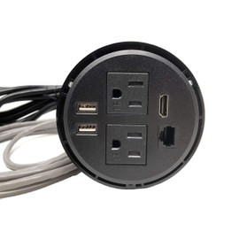 Round Desktop Conference Room Power Grommet Outlet, FITS 3 1/8" - 3 1/4" 2 (TR) AC Outlets, 2 USB Charging Ports, 1 CAT 6, 1 HDMI, ETL Listed (DC-8689-Black)