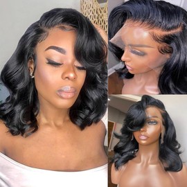 EMOBANA Bob Wig Human Hair 13x6 Lace Front Wigs 14 Inch Loose Body Wave HD Lace Frontal Wigs Glueless Wigs Human Hair Pre Plucked Wear and Go Short Bob Wigs for Black Women Natural Black Color