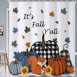 CRTPOD Fall Pumpkin Shower Curtain White Autumn Harvest Pumpkin Maple Leaves Sunflower Squall Farmhouse Thanksgiving Bathroom Curtain Waterproof Fabric Bathtub Curtain Sets with Hooks 72" Wx72“L