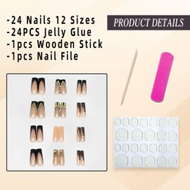 Jremg Black French Press on Nails Long Square Fake Nails with Gold Rhinestone Designs Luxury Gold Bow Charms Coffin False Nails Glossy Leopard Print French Tip Acrylic Nails for Women Girls 24Pcs