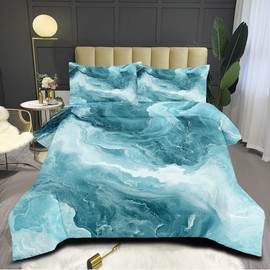 CCoutueChen Teal Marble Comforter Set Queen Size Abstract Textured Marbling Bedding Set Girls Women Artistic Summer Cooling Comforter 3 Pieces (1 Comforter, 2 Pillowcases)