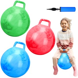 Poen 3 Pcs 18 Inch Hopper Ball Inflatable Bouncy Ball with Handle Hippity Hop Ball PVC Jumping Hopping Ball with 1 Air Pump for Kids Toddler Boys Girls Gifts Games Exercise Ball (Red Blue Green)