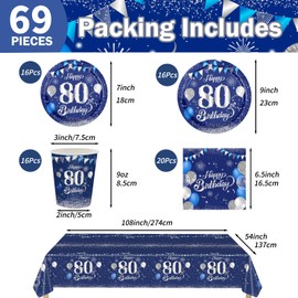 POPOYU 69Pcs 80th Birthday Party Tableware Navy Blue,80th Blue and Gold Tableware Set are Crafted from High-quality Paper for Men Women Birthday Gifts Party Supplies Reusability Table Decoration