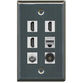 RiteAV - 3 HDMI 1 Port Coax Cable TV- F-Type 1 Port Toslink 1 Port Cat5e Ethernet Wall Plate - Stainless Steel