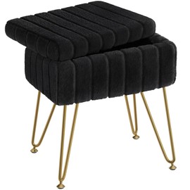 Greenstell Vanity Stool Chair Faux Fur with Storage, 15.7"L x 11.8"W x 19.4"H Soft Ottoman 4 Metal Legs with Anti-Slip Feet, Furry Padded Seat, Modern Multifunctional Chairs for Makeup, Bedroom,Green