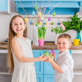 Jangostor 24 Pieces Painted Plastic Eggs, 6 cm Hanging Easter Egg Decorations with Different Style Dots Stripes Flowers for Tree School Home Office Party Supplies Easter Day Decoration