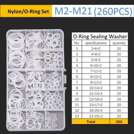 FEEIFOL 260-Piece O-Ring Seal Set Nylon Washers Gaskets Assortment Set in 13 Sizes M2-M21