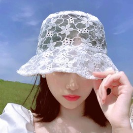 Women's Lace Cap, Summer, Fisherman Hat, Bucket Hat, Sun Visor, Breathable, Work Cap, Travel, UV Protection, Embroidery, Sun Hat, Stylish, Cute, Actress Hat, Small Face Effect, Large Flower White