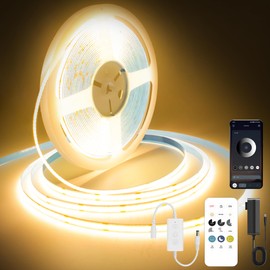 Pandery COB LED Strip Lights Warm White,24V Dimmable led Light Strip KIT with Remote and app Control,2700K 24FT/7.5m 8mm Wide Ra>90 Cuttable Flexible Strip Lights for Bedroom,Shelf,Cabinet