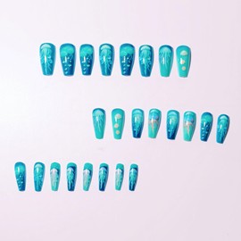 Summer Press on Nails Coffin Medium Fake Nails with Jellyfish Designs Blue Ocean Glue on Nails Marine Life Acrylic False Nails Glossy Full Cover Stick on Nails for Women 24Pcs