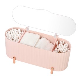 Rikmody Makeup Organiser Storage Containers, ABS Qtip Holder, 3 Compartments Cotton Pad Holder Jars with Lid, Desktop Make Up Storage for Cotton Buds,Cotton Swab, Cotton Tips,Beauty Eggs (Pink)