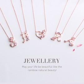 K.L.Y 925 Sterling Silver Women's Necklace, CZ Cubic Zirconia, Chery Blossom, Letter A, Pink Gold - Necklace r