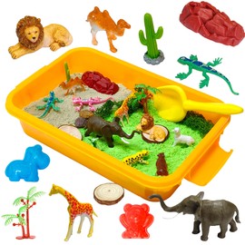 Jungle Sensory bin,Safari Animal Figures Playset Toys,Wild Forest Sandbox,Desert Animals Play Sand Set with Sensory Sand,Zoo Animal Figurines,Jungle Adventure Play Kit for Kids 3 4 5 6 7