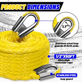 Perantlb Synthetic Winch Rope 1/2" x 50'-25000 lbs Winch Line with,Go for 4WD Road Vehicle Truck SUV ATV UTV（Yellow） (1/2" x 50' Hook)