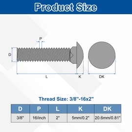 uxcell 12 Set Carriage Bolts and Nuts Kit, 3/8"-16x2 Stainless Steel 304 Round Head Square Neck Carriage Bolts Screws and Hex Nuts and Flat Washers - Silver