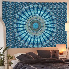Miytal Indian Mandala Floral Tapestry, Hippie Bohemian Peacock Handmade Psychedelic Wall Hanging Decorative Tapestries for Bedroom, Living Room - 51.2" x 59.1" - Blue