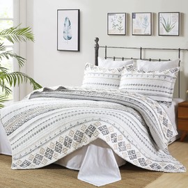 Finlonte Quilt Boho Quilt Set Boho Bedding Bedspreads Queen Size, 3 PCS White Grey Bohemian Quilt Set with Striped Printed for All Season
