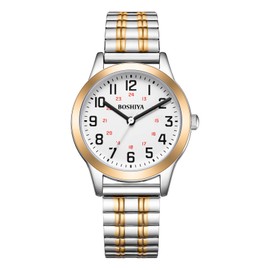 BOSHIYA Women's Watches Stainless Steel Stretch Band Two Tone Gold Silver, Analog Quartz Waterproof Casual Simple Expansion Band Wristwatch for Women Ladies