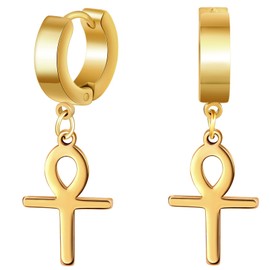 MicVivien Hoop Earrings with Egyptian Ankh Cross Pendant Stainless Steel Dangle Earrings for Women Men Hoop Earrings Huggie Ear Piercing Amulet Earrings, Stainless Steel