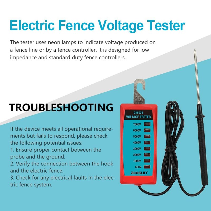ALLOSUN GK503B NEON Electric Fence Voltage Tester and Fault Finder
