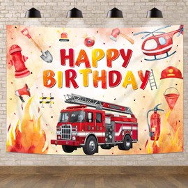 Newsely Firetruck Happy Birthday Backdrop 7Wx5H Photography Firefighter Fireman Red Yellow Cartoon Cute Background for Kids Boys Baby Children Bday Party Decorations Banner Photo Booth Props Supplies