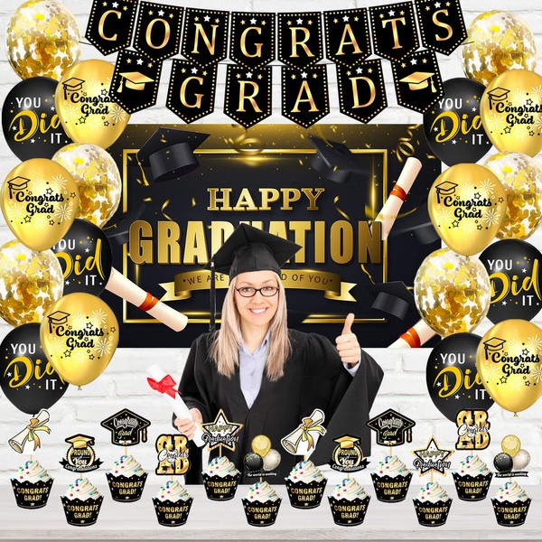 34Pcs Graduation Decorations 2023 with Banner Happy Graduation Party Decoration with Balloons Cupcake Topper Gold and Black Congrats Grad Party Supplies