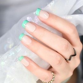 IKISKT Press On Nails - Nude Clear | Green French Tips l UV Medium Semi Square False Fake Nails, Reusable Glue | 10 Sizes - 24 Nail Kit