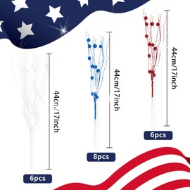 20Pcs Patriotic Glitter Berries Stems 15.7" Artificial Berry Stems White Blue and Red Branches Winter Picks Glitter Berry Sprays Curly Twigs for 4th of July Independence Day Decorations (Mixed)