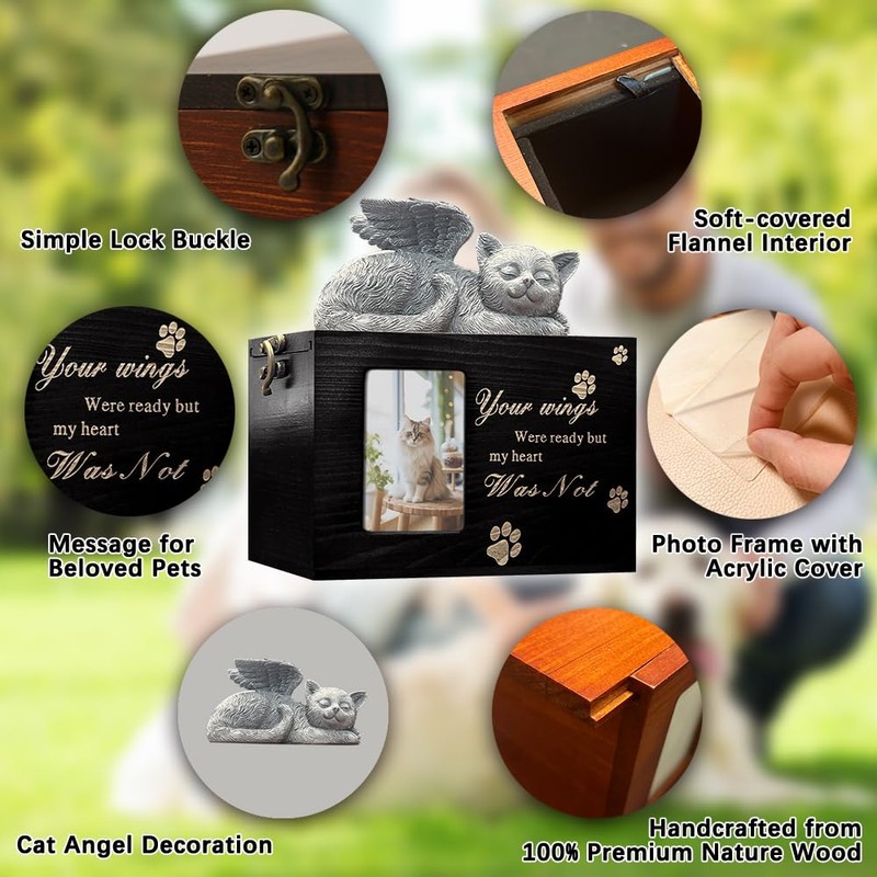 LAZYESTHER Cat Urns for Ashes with Picture, Black Pine Wood,