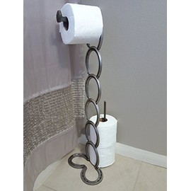 The Heritage Forge Rustic Toilet Paper Holder Wall Mounted Great for Vintage Bathroom - Free Standing Horseshoe and Railroad Spike - Natural Metal