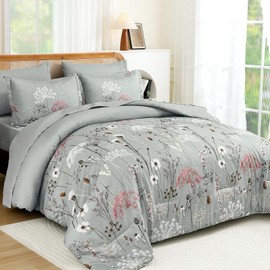 Yiran Grey Floral Comforter Set Queen Size, 7 Piece Spring Dandelion Plant Botanical Comforter Bedding Set, Bed in a Bag Queen, Soft Microfiber Complete Bedding Set with Sheets for All Season