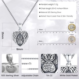 Eusense Photo Necklace, 925 Silver Locket for Pictures, Dog Paw Locket Pendant, Heart Photos Jewellery for Women Girls