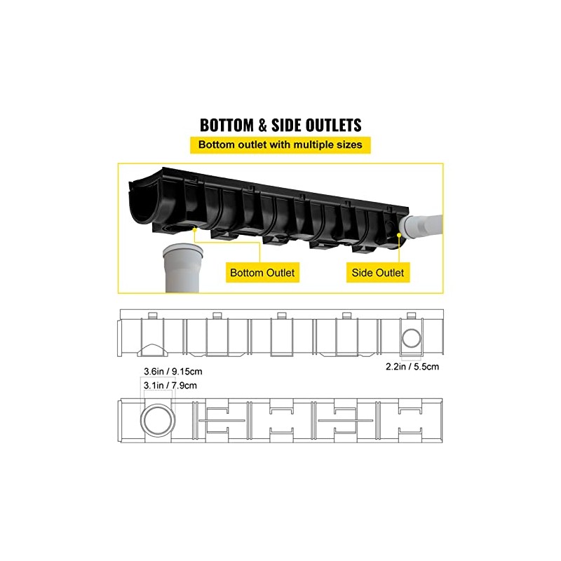 VEVOR Trench Drain System with Plastic Grate, 5.9x5.1-Inch HDPE Channel