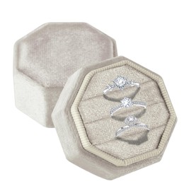 U·helper Velvet Ring Box, 3 Slots Octagonal Jewelry Ring Gift Box Vintage Ring Display Holder Case with Detachable Lid for Proposal Engagement Wedding Ceremony(Champagne)