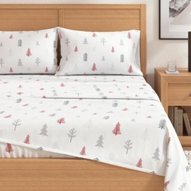 Great Bay Home Flannel Sheet Set Full Size - 100% Turkish Cotton, Double-Brushed, Printed Bed Sheets - Ultra-Soft, Cozy, 4-Piece Bedding Set (Winter Trees - Red)