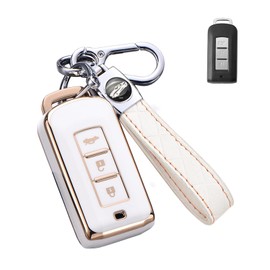 SANRILY Soft TPU with Gold Edge Smart Key Fob Cover for Mitsubishi Outlander ASX Lancer Evo X GTS EX Keyless Keychain Holder 3 Button Key Case Shell Beige