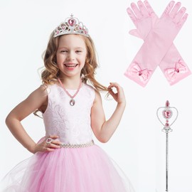 DERAYEE Princess Gloves for Cosplay, Princess Elsa, Kids, Children's Costume, Costume, Anna Snow Gloves, Party, Tiara, For 6 Years Old, Magic Stick Set (Pink)