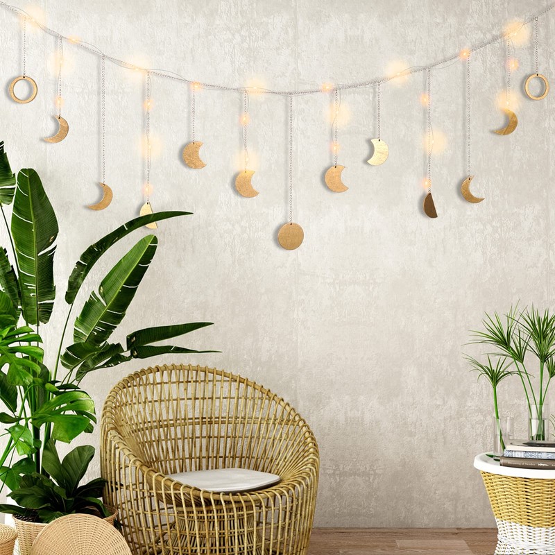 Moon Phase Wall Decor with LED String Light, 13 Gold