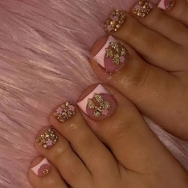 24Pcs White French Press on Toe Nails Short Fake Toenails with 3D Rhinestones Gold Bows Design Flower False Toe Nails Summer Glue on Toenails Glossy Stick on Toe Nails Kit for Women