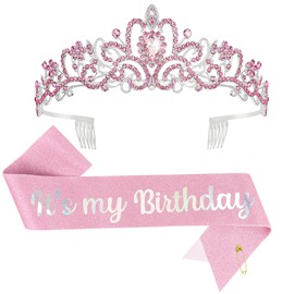 BAHABY Birthday Crown for Women, It's My Birthday Sash & Rhinestone Tiara Set Princess Birthday Sash and Tiara for Women Rhinestone Headband for Women Girls - Pink