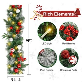 TechKen 9FT Christmas Garland with Lights, Artificial Christmas Decoration Garland,Green, Red Silver White Balls,Red Berries Indoor Outdoor for Holiday Stairs Decoration Fireplace Front Door Decor