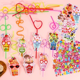 Atonofun 168 Pcs Valentines Day Gifts for Kids, Valentines Day Cards Crazy Straws Bulk Stickers Stampers Slap Bracelets Classroom Prize School Exchange Boys Girls Valentine's Day Party Favors