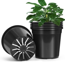 DUNPUTE 6 Pack 5 Gallon Pots for Plants, 5 Gallon Plastic Nursery Pot with Drainage Holes, Sturdy Plastic Plant Pots for Nursery Garden, Flowers, Succulent Outdoor Indoor (Black, 5 Gal- 6 Pack)